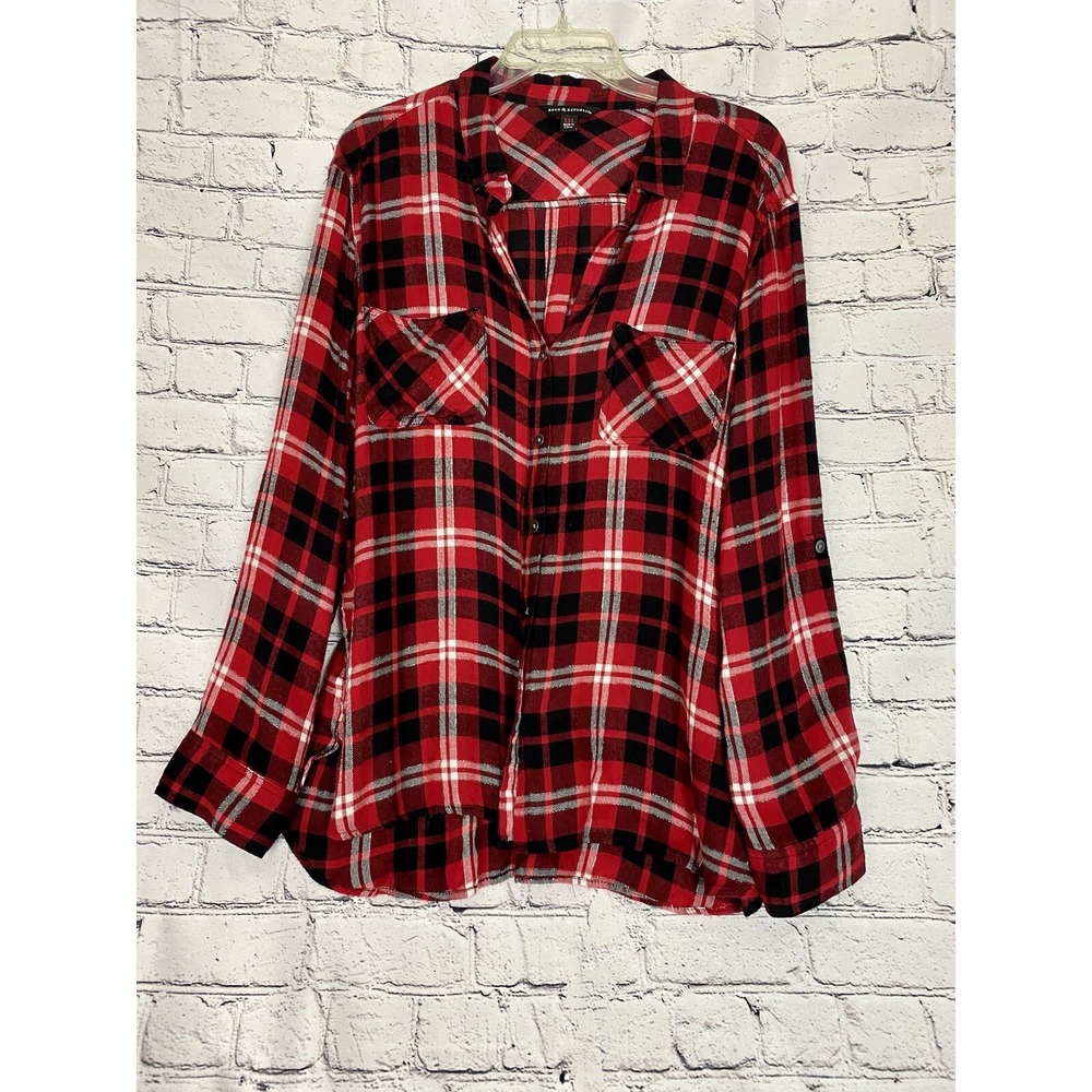 Rock & Republic Women's Red Black Silver Plaid Button Down XXL Fits Like Medium